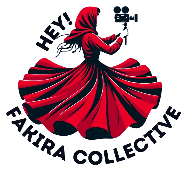 Hey! Fakira Collective logo: a woman in a red robe, mid-whirl, holding a film camera