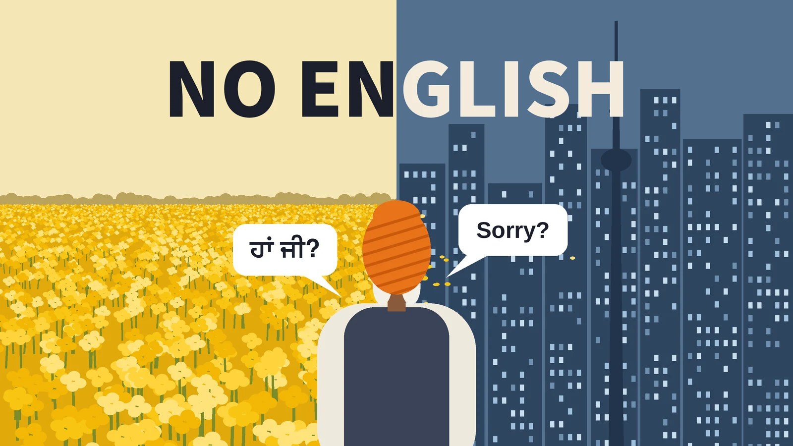 No English key art: a Punjabi man between a mustard field and Toronto’s skyline, with Punjabi and English speech bubbles